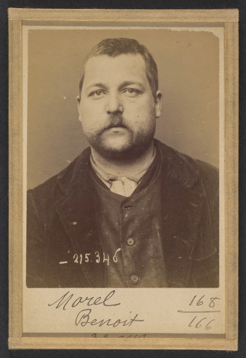 Morel. Benoit. 33 ans, né le 6/11/61 à St Laurent d'Orringt (Rhône). Ébéniste. Anarchiste. 8/3/94. by Alphonse Bertillon, photograph, 1894
