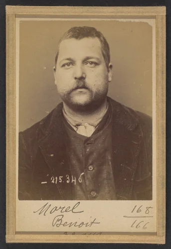 Morel. Benoit. 33 ans, né le 6/11/61 à St Laurent d'Orringt (Rhône). Ébéniste. Anarchiste. 8/3/94. by Alphonse Bertillon, photograph, 1894