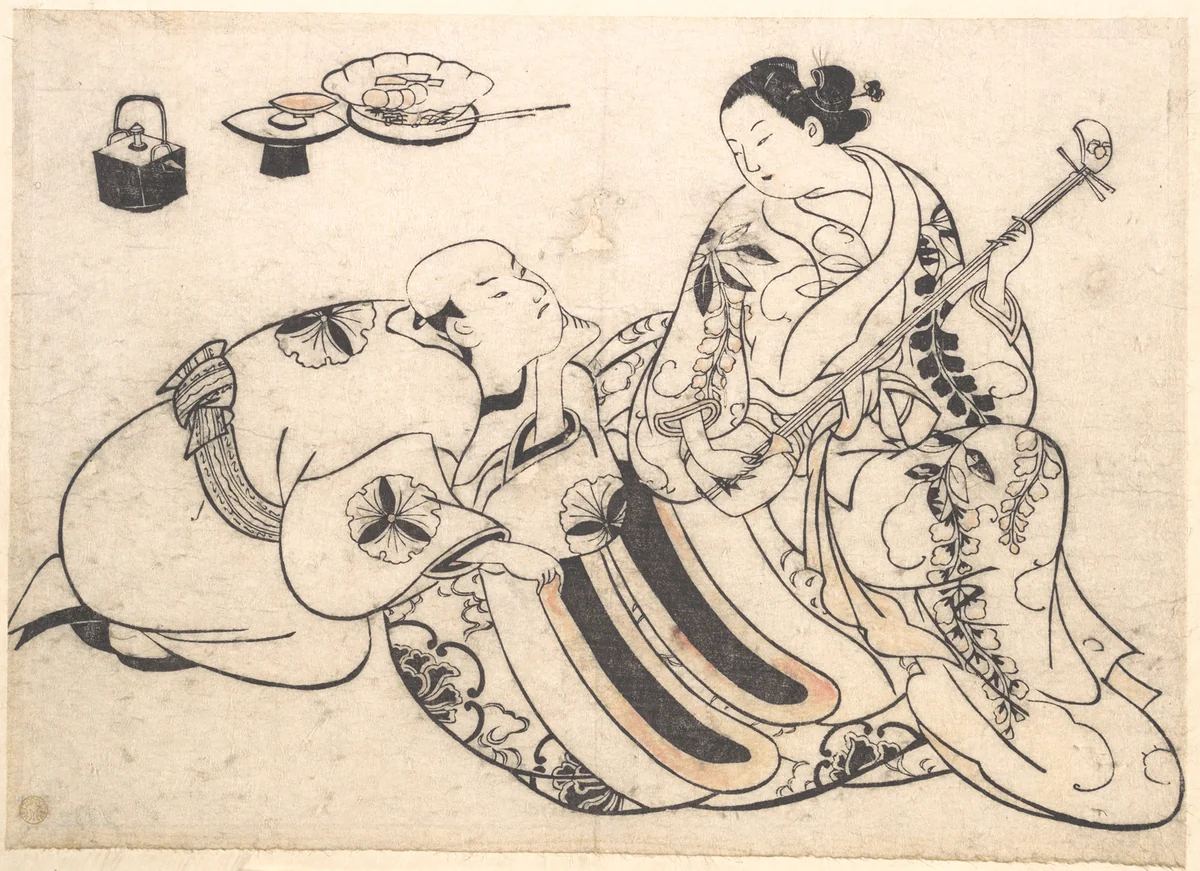 A Man in a Kneeling Posture Bending Forward and Listening to an Oiran who is Playing the Shamisen by Okumura Masanobu (奥村政信), print, 1695-1717