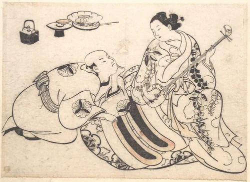 A Man in a Kneeling Posture Bending Forward and Listening to an Oiran who is Playing the Shamisen by Okumura Masanobu (奥村政信), print, 1695-1717
