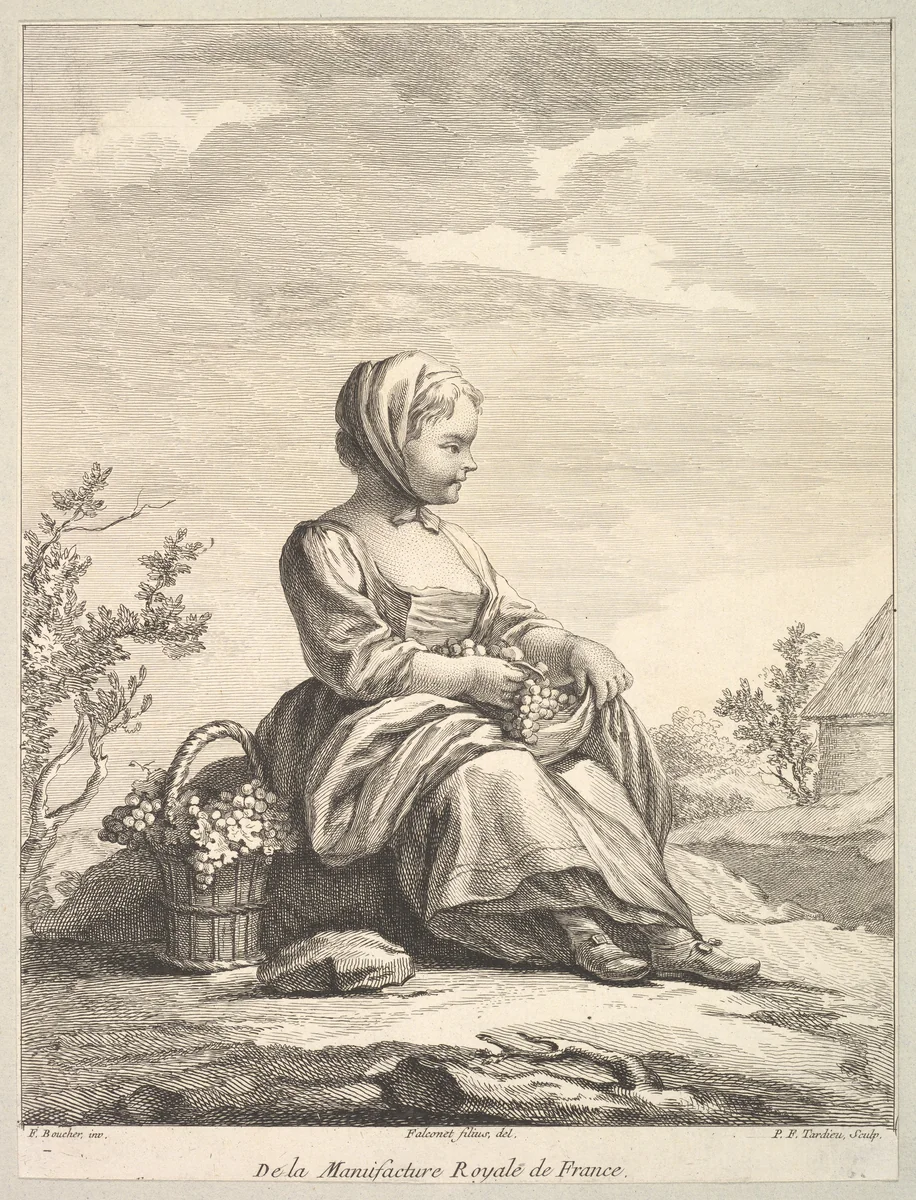 Little girl holding grapes with a basket of them by her side, from Deuxième Livre de Figures d'après les porcelaines de la Manufacture Royale de France (Second Book of Figures after porcelains from the Manufacture Royale de France) by Pierre François Tardieu, print, 1757-1771