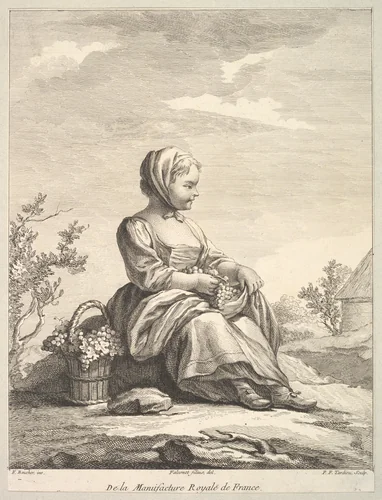 Little girl holding grapes with a basket of them by her side, from Deuxième Livre de Figures d'après les porcelaines de la Manufacture Royale de France (Second Book of Figures after porcelains from the Manufacture Royale de France) by Pierre François Tardieu, print, 1757-1771