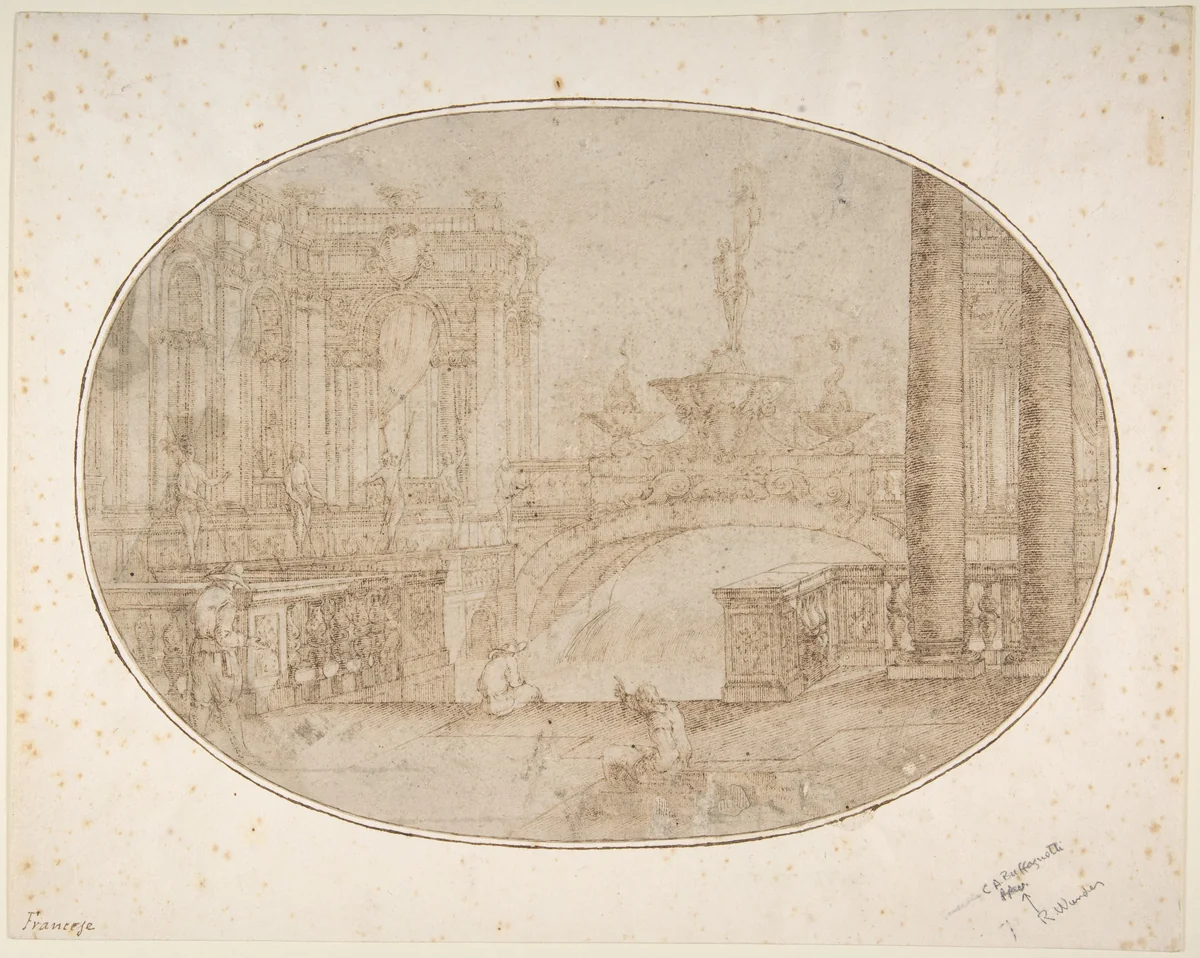 Architectural Perspective for a Stage Set with a Bridge, Statues and a Fountain in the Background and Human Figures in the Foreground by Carlo Antonio Buffagnotti, drawing, 1660-1710