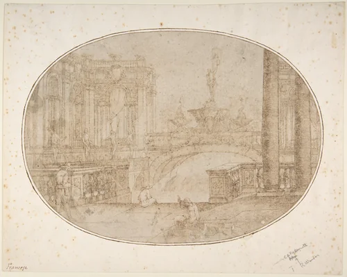 Architectural Perspective for a Stage Set with a Bridge, Statues and a Fountain in the Background and Human Figures in the Foreground by Carlo Antonio Buffagnotti, drawing, 1660-1710