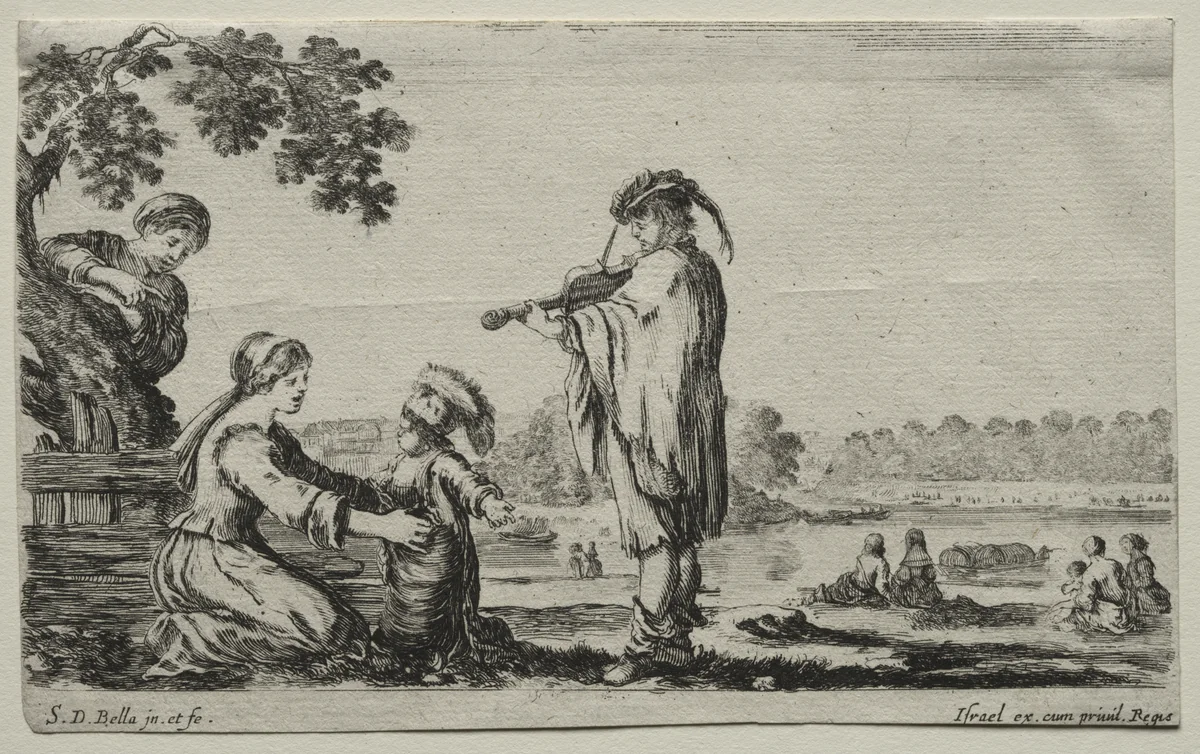 Various Figures and Landscapes: A Violin Player by Stefano della Bella, print, 1649