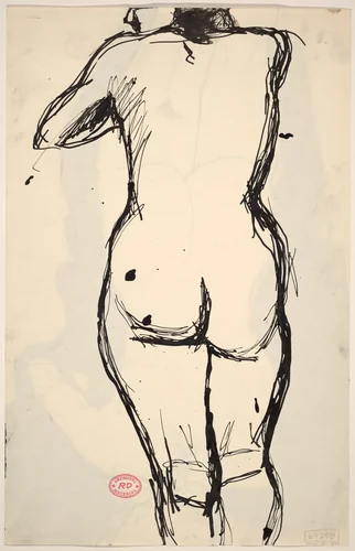 Untitled [back view of standing nude with her left arm raised] [verso] by Richard Diebenkorn, drawing, 1955-1967