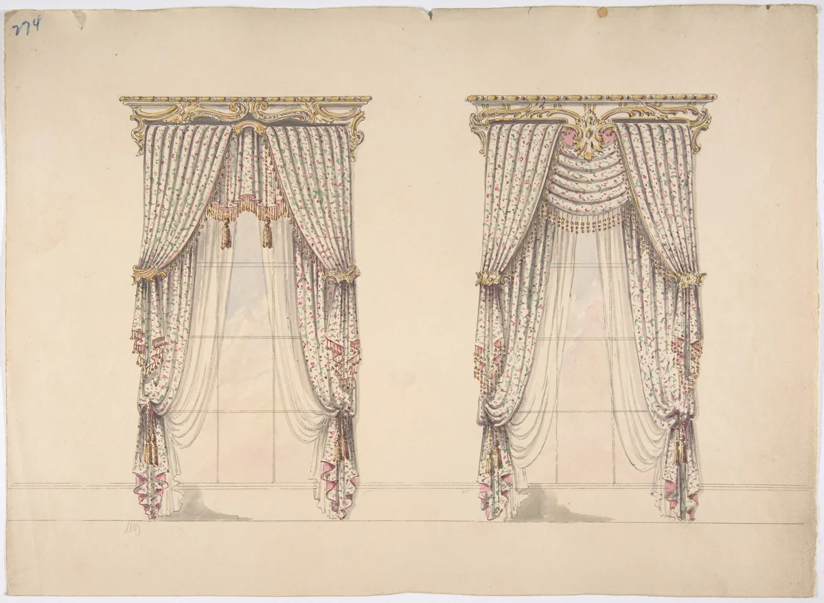 Design for Pink, Green and White Curtains with Pink and Gold Fringes and a Gold and White Pediment by anonymous, drawing, 1800-1850