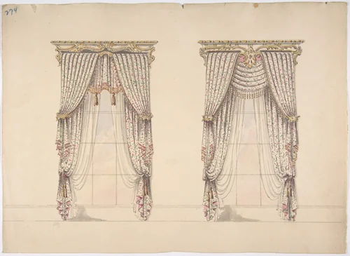 Design for Pink, Green and White Curtains with Pink and Gold Fringes and a Gold and White Pediment by anonymous, drawing, 1800-1850