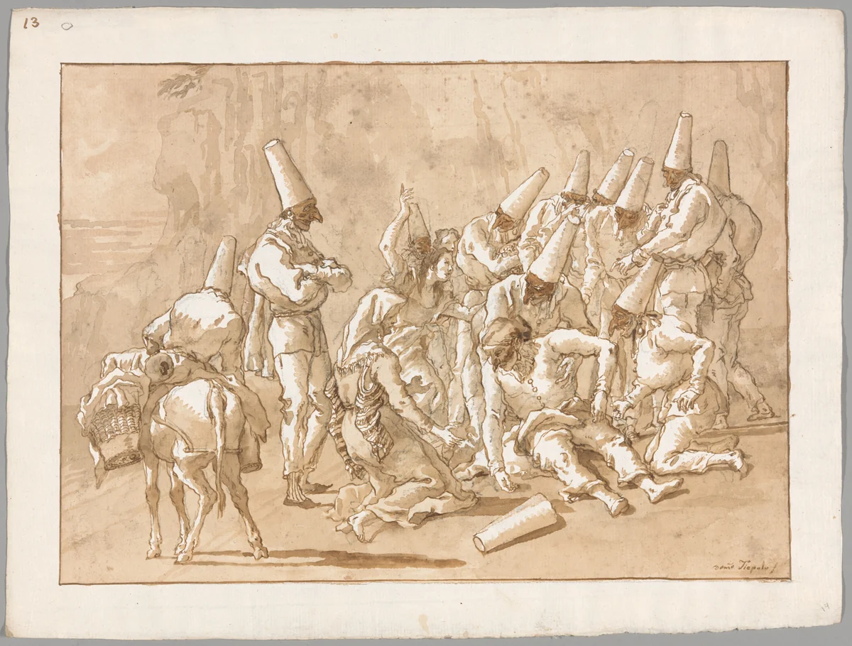 Punchinello Collapses on the Road by Giovanni Domenico Tiepolo, drawing, 1791