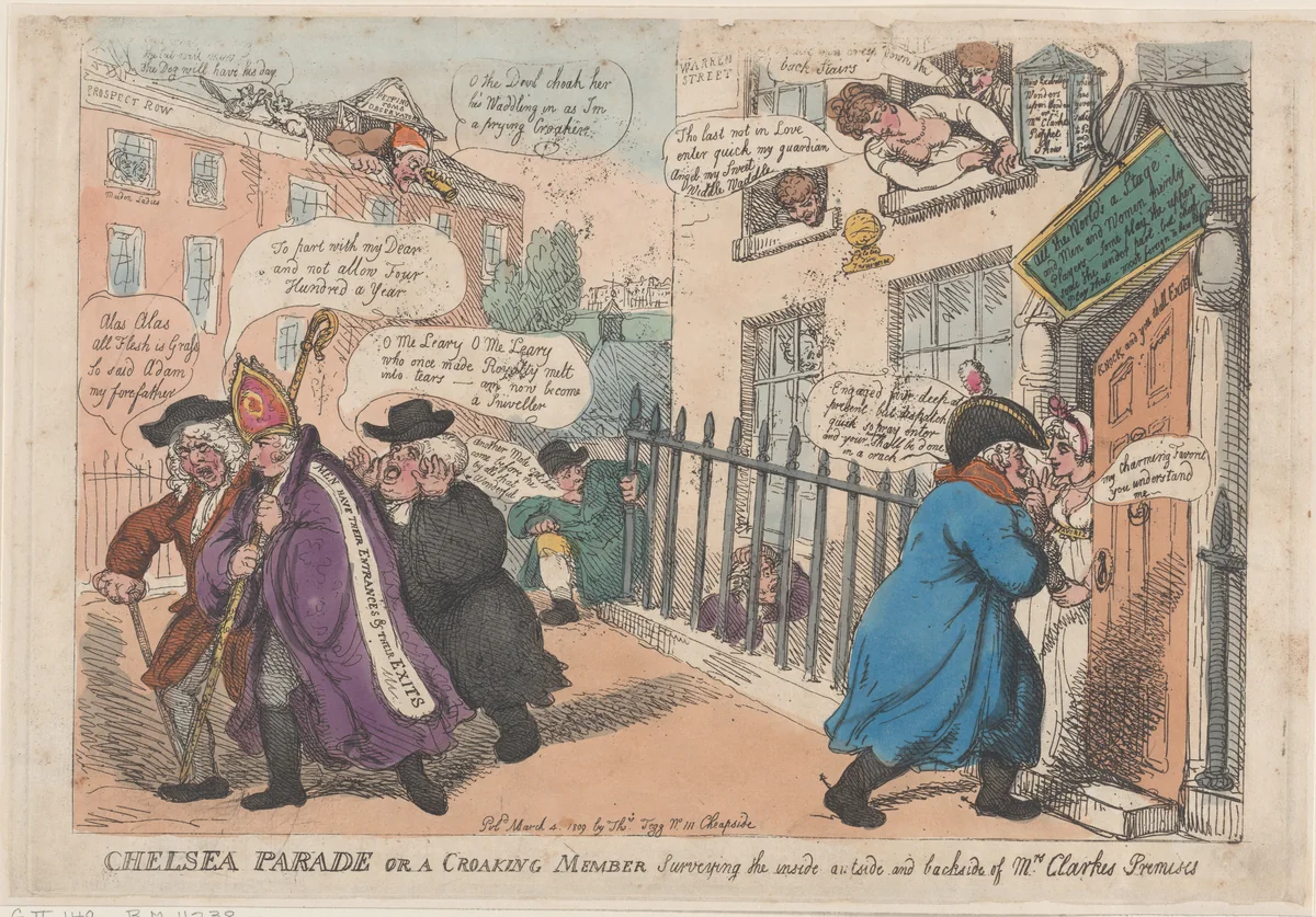 Chelsea Parade or a Croaking Member Surveying The Inside Outside and Backside of Mrs Clarke's Premises by Thomas Rowlandson, print, 1809