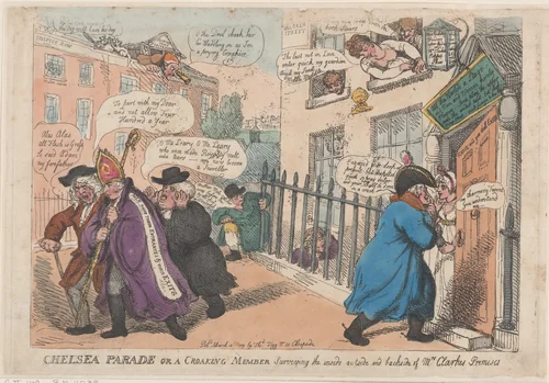 Chelsea Parade or a Croaking Member Surveying The Inside Outside and Backside of Mrs Clarke's Premises by Thomas Rowlandson, print, 1809