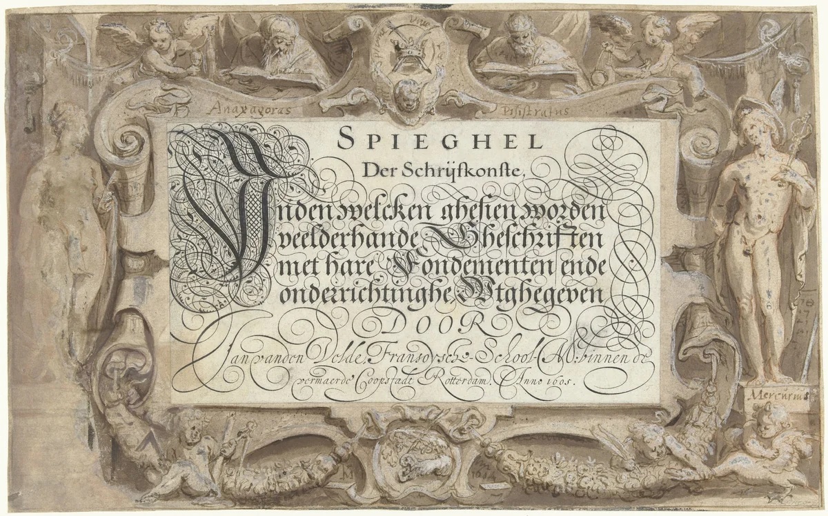 Omlijsting voor titelblad van Jan van de Velde's Spieghel Der Schrijfkonste by Karel van Mander, drawing, 1604
