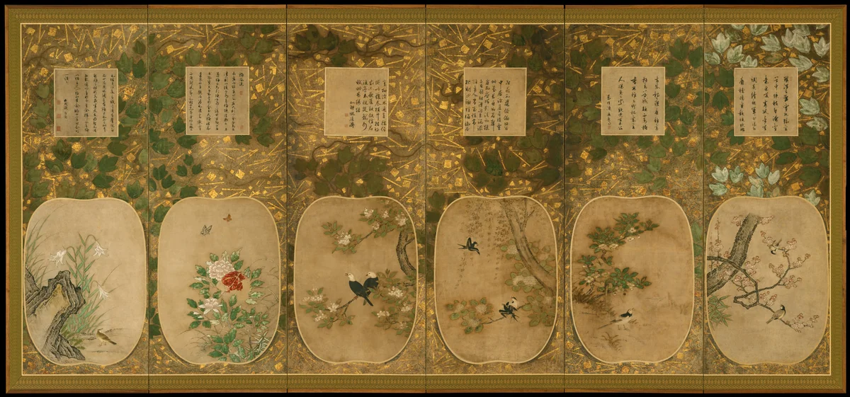 Birds and Flowers of the Twelve Months with Chinese Calligraphy by Kano School, painting, 1500-1599