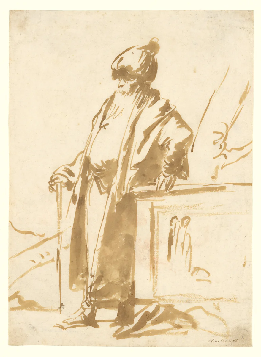 An Old Man in Oriental Dress, Standing by a Pagan Altar by Giovanni Domenico Tiepolo, drawing, 1736-1804