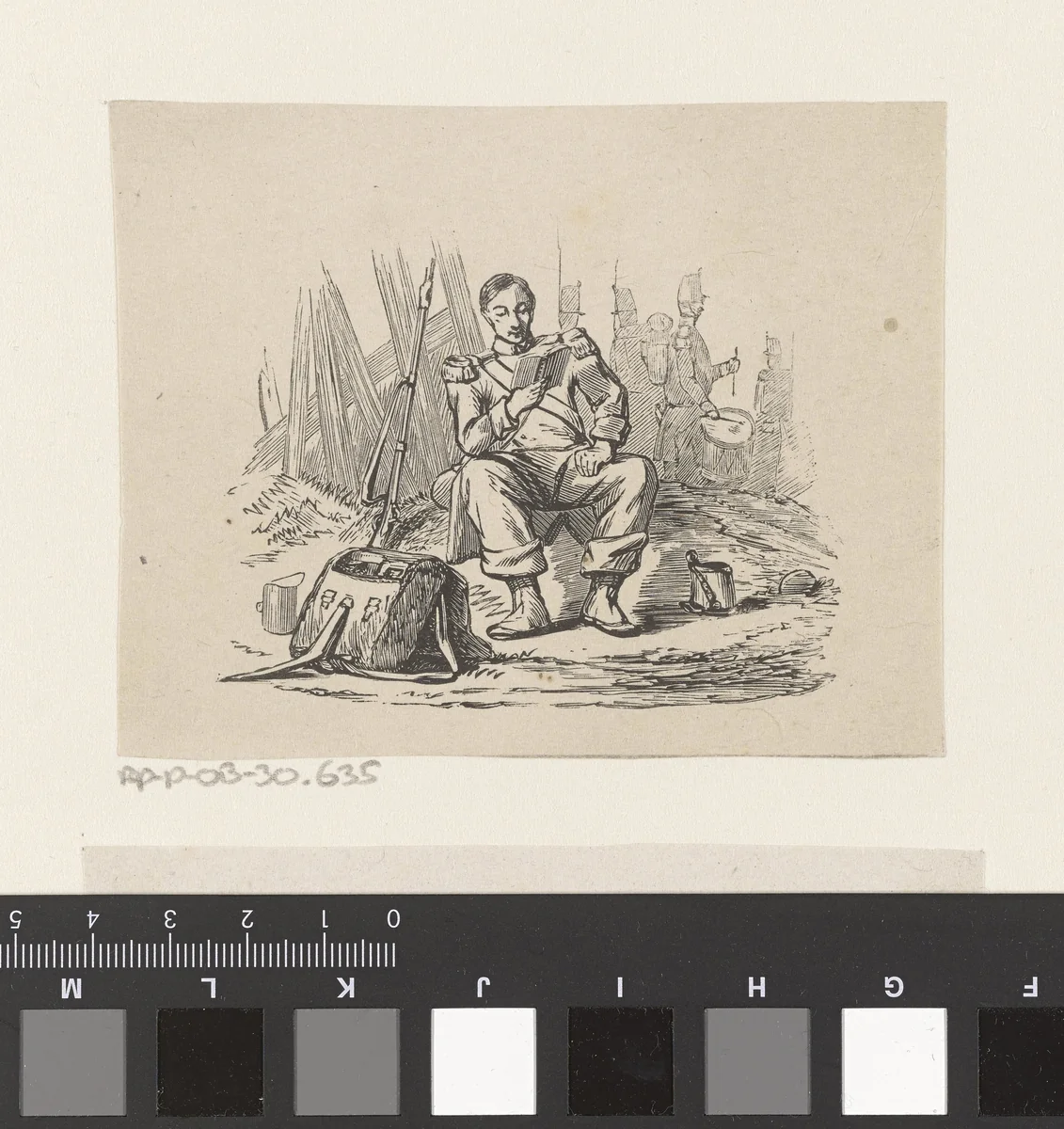 Soldaat lezend in een boek by Isaac Weissenbruch, print, 1836-1912