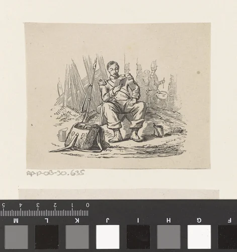 Soldaat lezend in een boek by Isaac Weissenbruch, print, 1836-1912