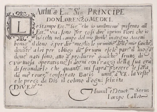 Dedication to Lorenzo de'Medici, from "Les Caprices" Series B, The Nancy Set by Jacques Callot, print, 1617-1620