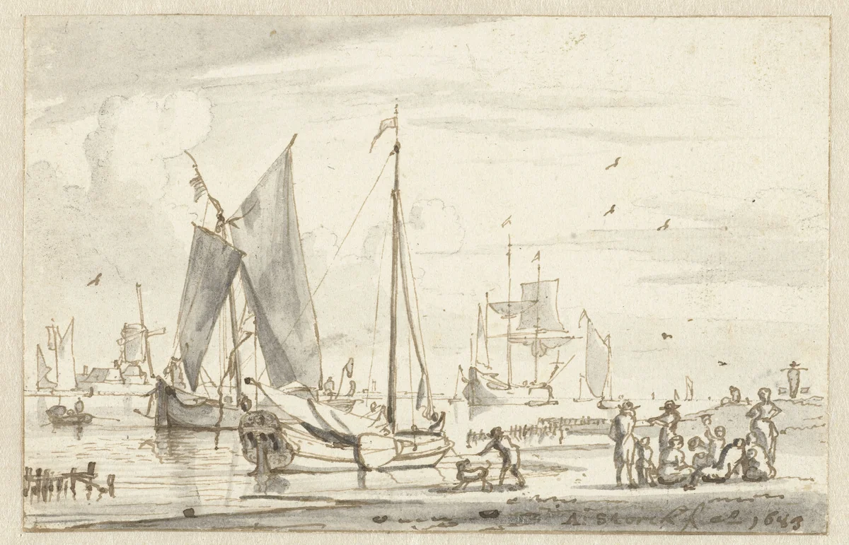 Rivieroever met enkele schepen by Abraham Storck, drawing, 1683