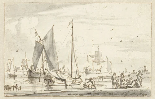 Rivieroever met enkele schepen by Abraham Storck, drawing, 1683