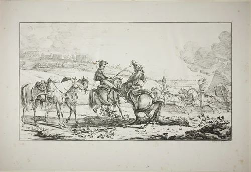 Mounted Artilleryman with Three Horses Bridled at Once by Carle Vernet, print, 1817