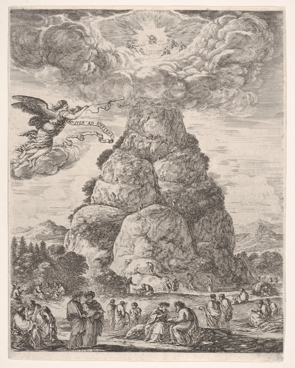 Rock of the Philosphers, or Mount Parnassus, many ancient philosophers gathered in groups at the base of the mountain in the foreground, Diogenes in his barrel to right and Archimedes in center studying an armillary sphere in the middleground, an angel in the sky to left, the mountain in the background, a large cloud at the top of the mountain with the assembly of the gods by Stefano della Bella, print, 1656-1666