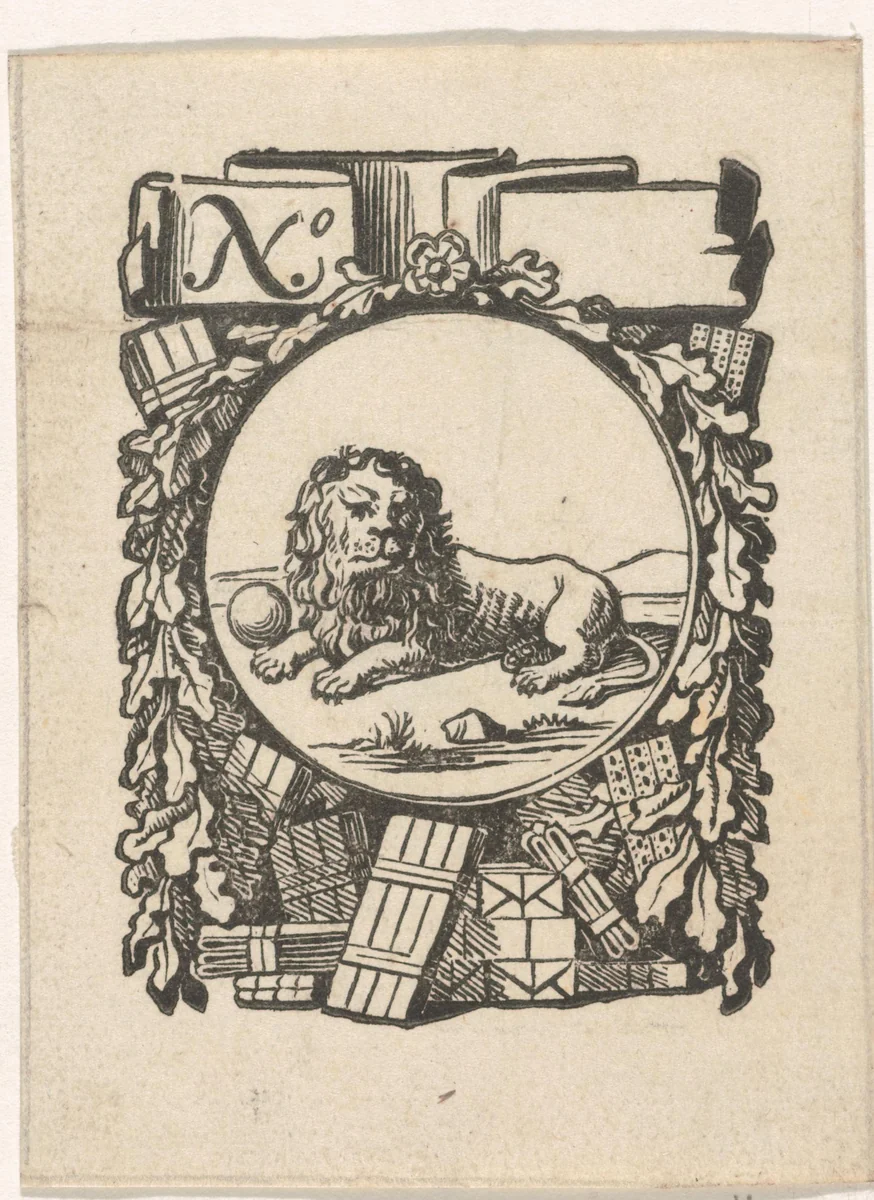 Handelsetiket met een leeuw by Isaac Vincentsz. van der Vinne, print, 1681-1740