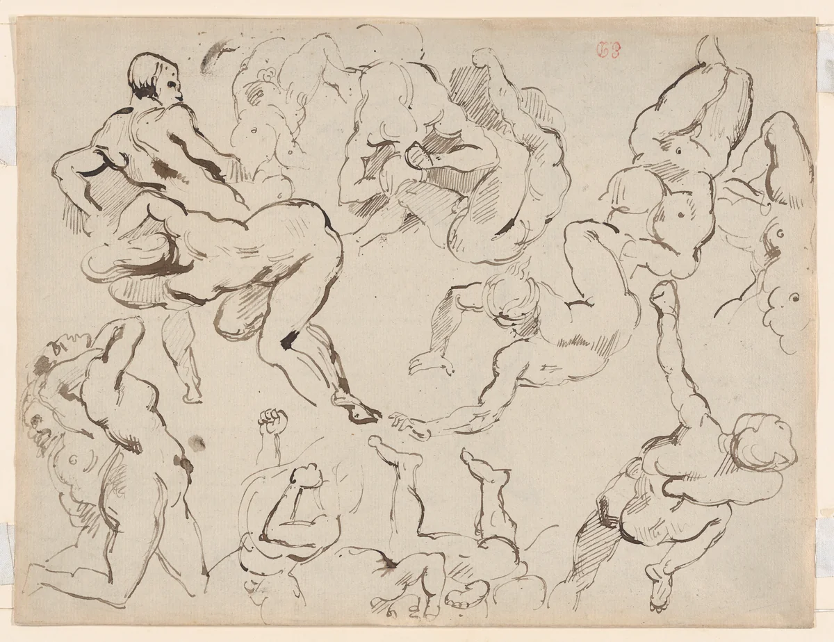 Two Studies of a Reclining Male Nude, after Gericault (recto); Figure Studies after Rubens's “Fall of the Damned” (verso) by Eugène Delacroix, drawing, 1815-1825