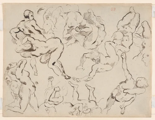Two Studies of a Reclining Male Nude, after Gericault (recto); Figure Studies after Rubens's “Fall of the Damned” (verso) by Eugène Delacroix, drawing, 1815-1825