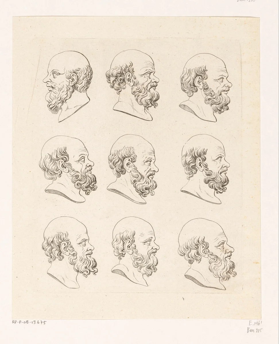 Negen koppen van Socrates by Daniel Nikolaus Chodowiecki, print, 1775