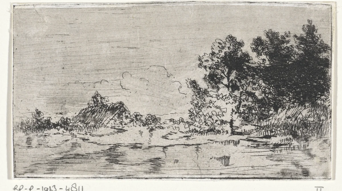 Rietgedekte hut aan het water by Arnoud Schaepkens, print, 1831-1904