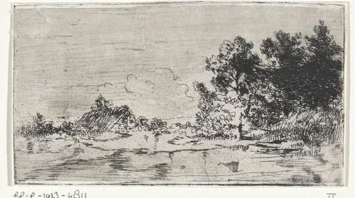 Rietgedekte hut aan het water by Arnoud Schaepkens, print, 1831-1904