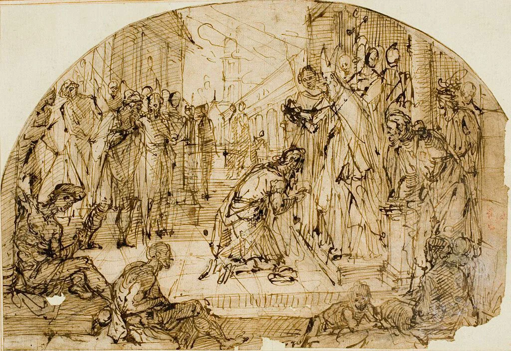 Bishop Blessing a Kneeling Man OR Meeting of Emperor Theodosius and Bishop Ambrose by Luigi Benfatto, drawing, 1598-1602