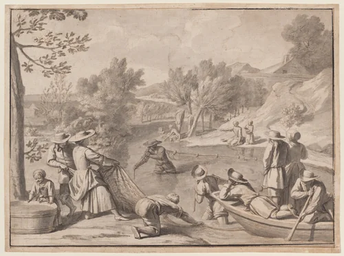 August: Fishing by Claude Simpol, drawing, 1695-1705