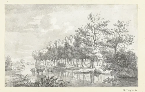 Landschap met wadende koeien by Jean Bernard, drawing, 1775-1833