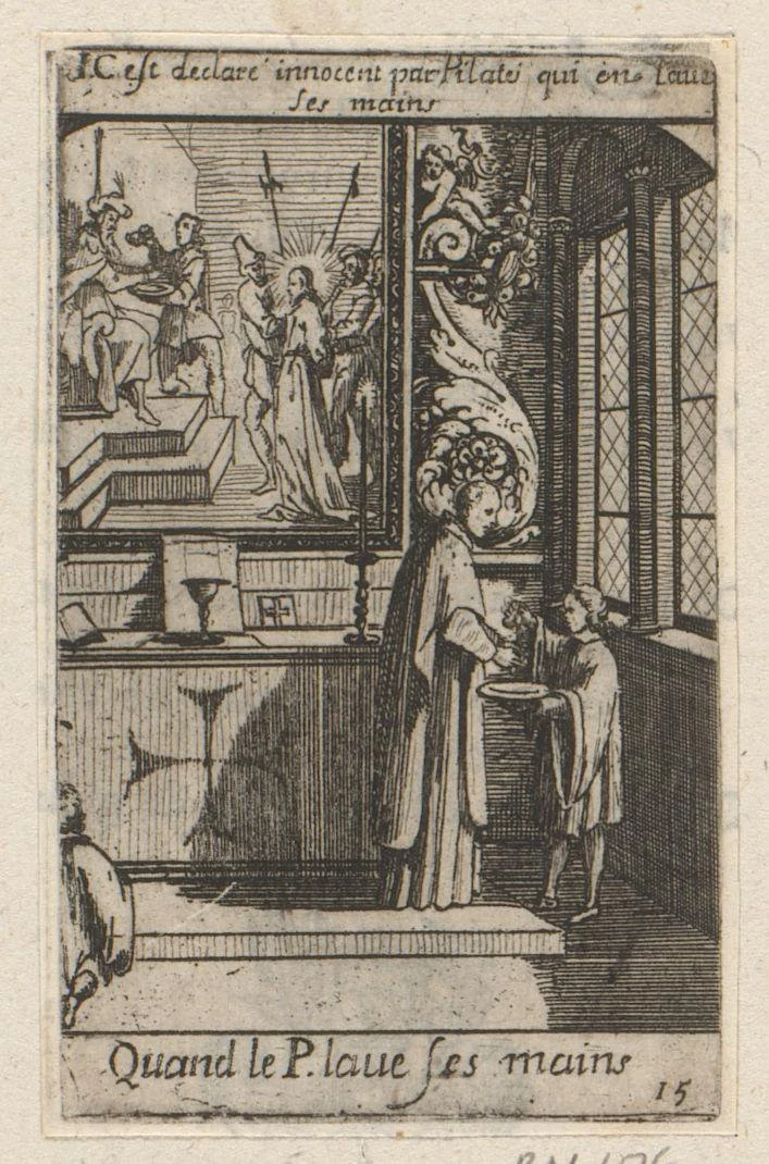 Priester wast zijn handen in een schaal by Sébastien Leclerc, print, 1661