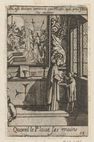 Priester wast zijn handen in een schaal by Sébastien Leclerc, print, 1661