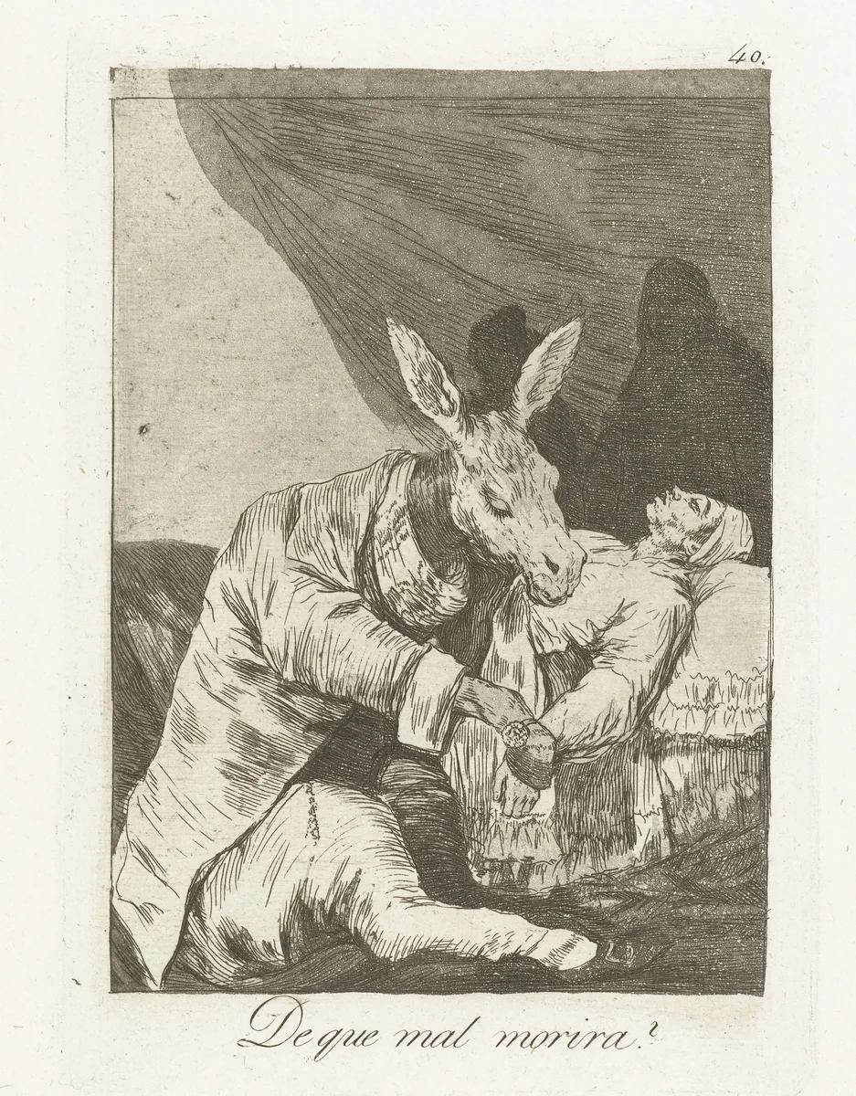 Waaraan zal hij sterven? by Francisco de Goya, print, 1797-1799