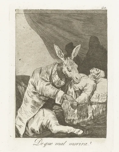 Waaraan zal hij sterven? by Francisco de Goya, print, 1797-1799