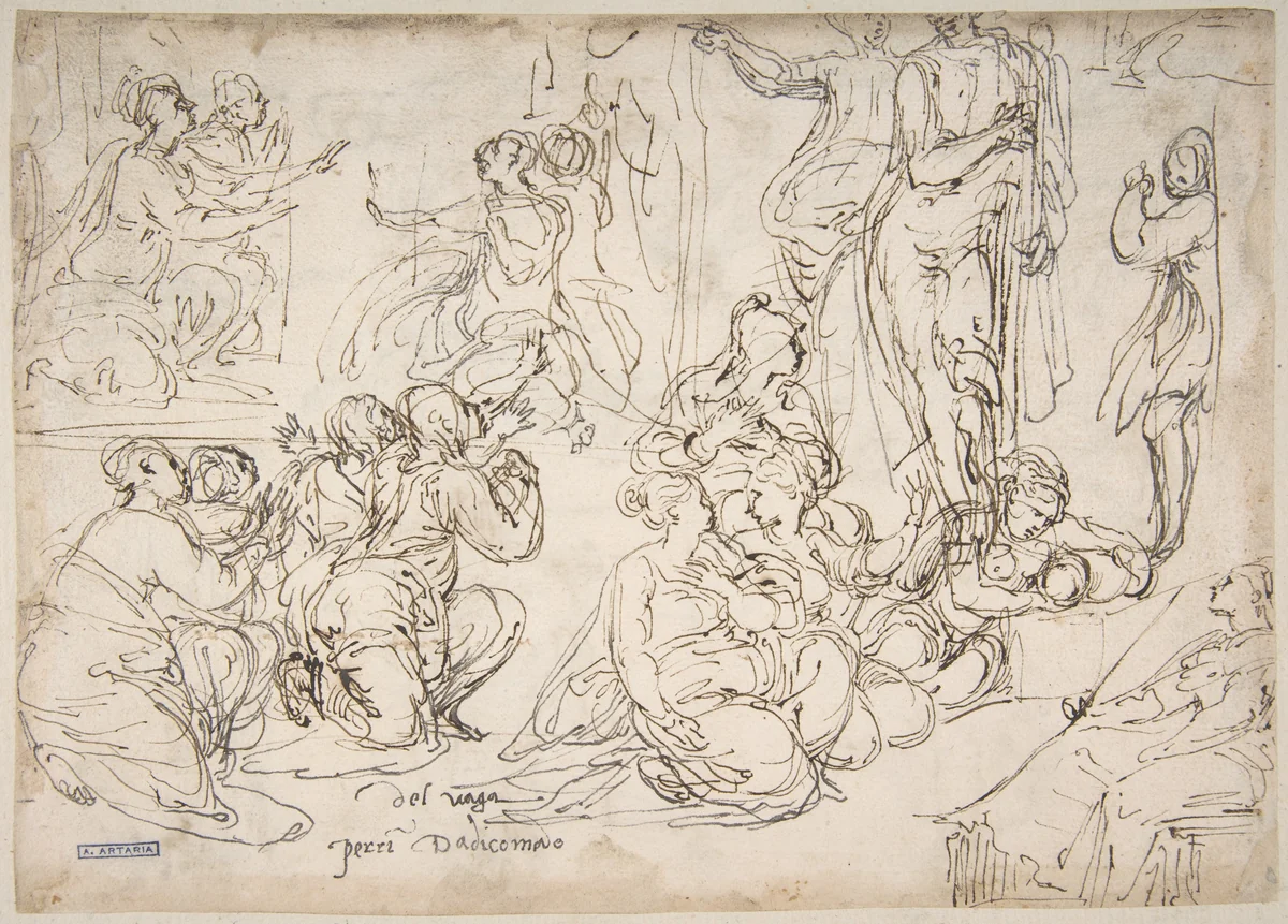 Kneeling, Seated and Standing Figures (recto); Seated, Kneeling and Reclining Figures (verso) by Perino del Vaga, drawing, 1501-1547