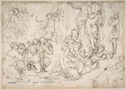 Kneeling, Seated and Standing Figures (recto); Seated, Kneeling and Reclining Figures (verso) by Perino del Vaga, drawing, 1501-1547