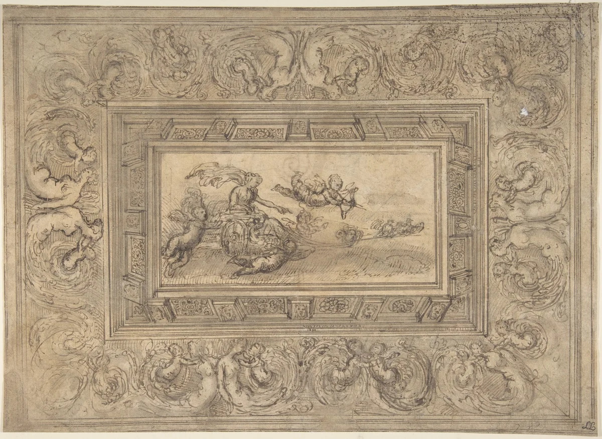 Design for a Ceiling with a Woman (Aurora?) in a Chariot and Putti (Recto). Design for an Ornamental Frieze (Verso). by Marco Angolo del Moro, drawing, 1537-1586