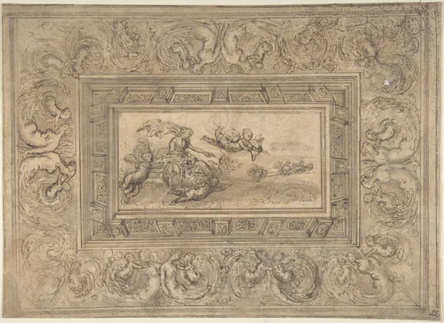 Design for a Ceiling with a Woman (Aurora?) in a Chariot and Putti (Recto). Design for an Ornamental Frieze (Verso). by Marco Angolo del Moro, drawing, 1537-1586