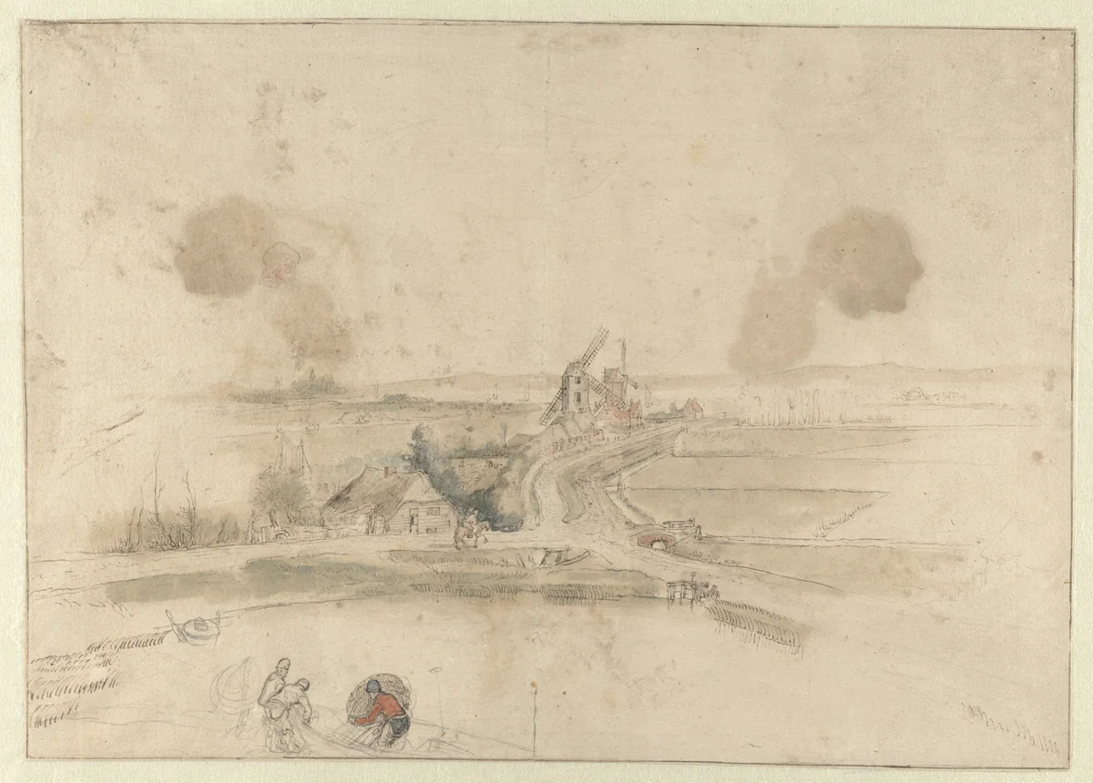 Landscape with Houses and Two Windmills along a Road, with Three Fishermen in the Foreground by Hendrick Avercamp, drawing, 1620