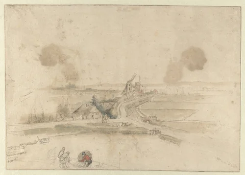Landscape with Houses and Two Windmills along a Road, with Three Fishermen in the Foreground by Hendrick Avercamp, drawing, 1620