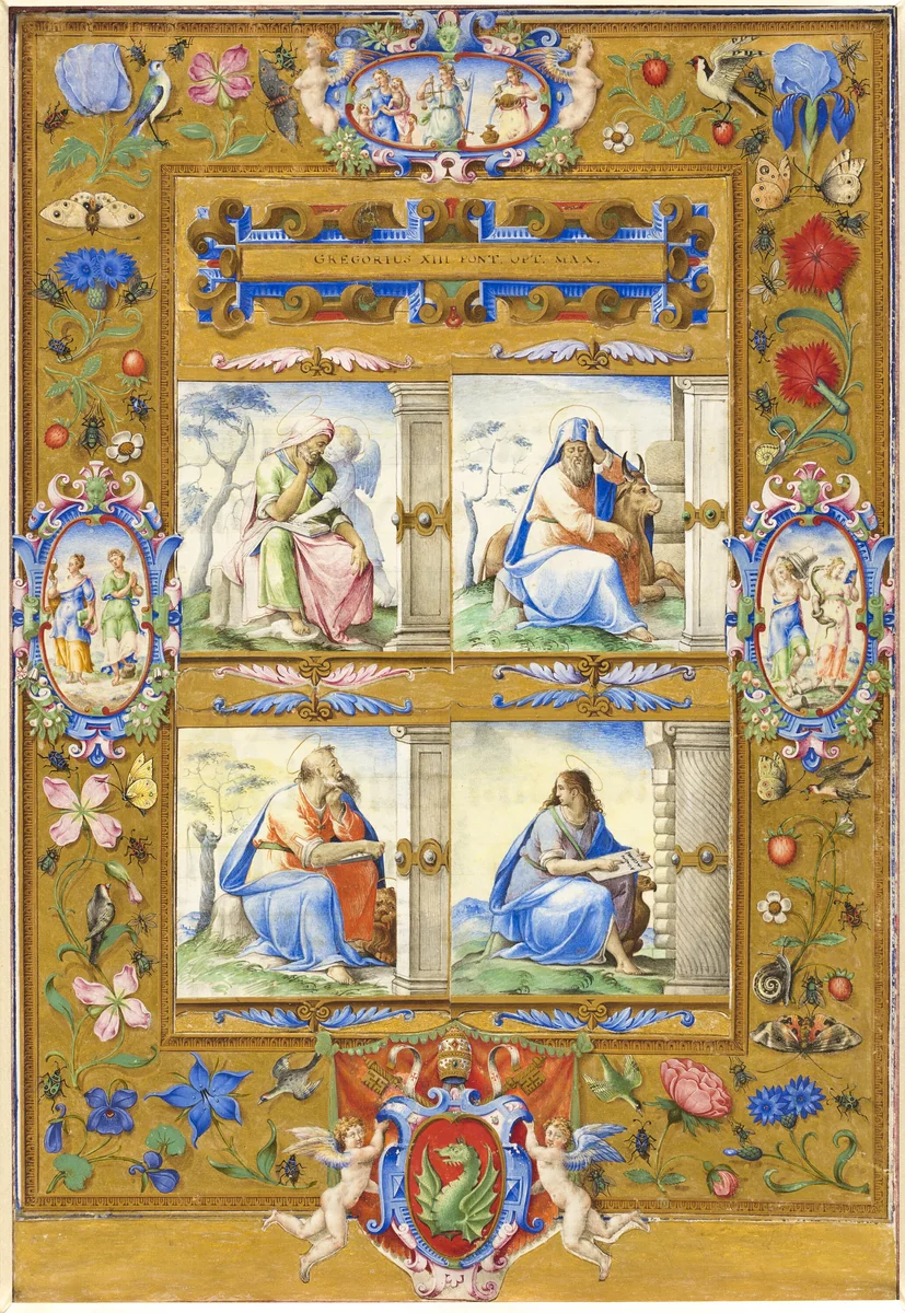 The Four Evangelists, within a Border of Flowers, Birds, and Insects by Giulio Clovio, painting, 1572