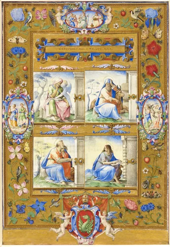 The Four Evangelists, within a Border of Flowers, Birds, and Insects by Giulio Clovio, painting, 1572
