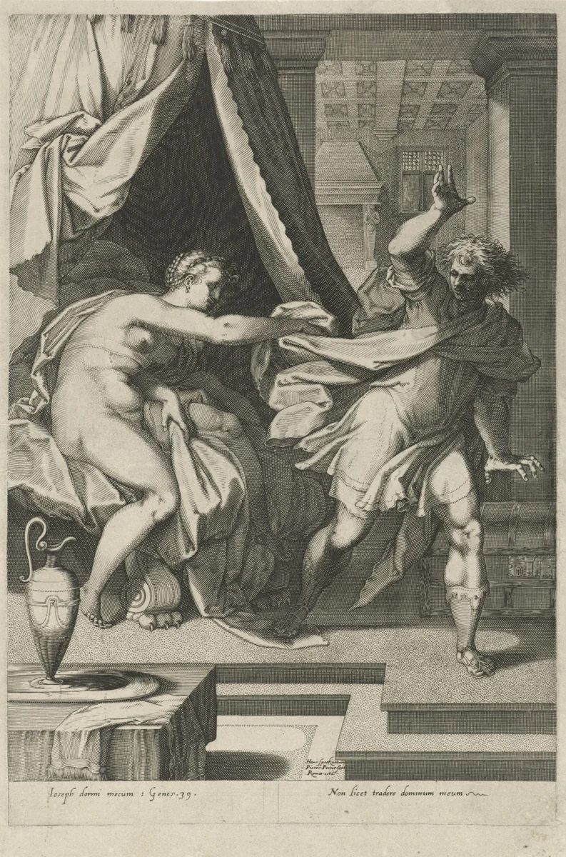 Jozef en de vrouw van Potifar by Unknown, print, 1582