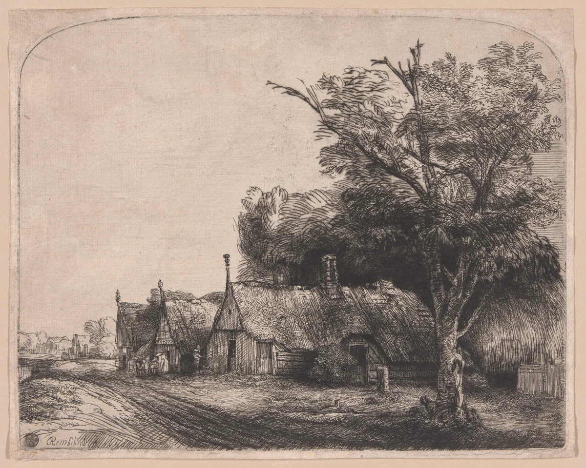 Landscape with Three Gabled Cottages Beside a Road by Rembrandt van Rijn, print, 1650
