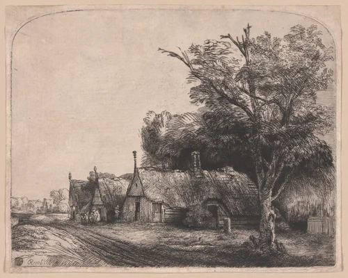 Landscape with Three Gabled Cottages Beside a Road by Rembrandt van Rijn, print, 1650