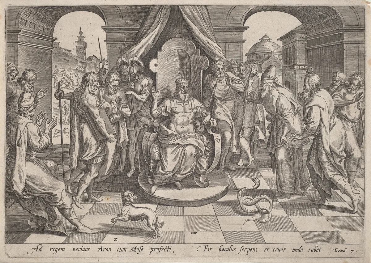 Moses and Aaron before the Pharaoh by Johan Wierix; Maarten van Cleef, print, 1580-1590